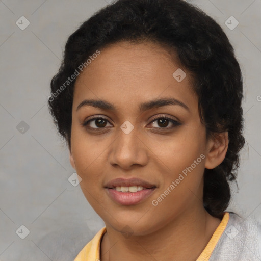 Joyful latino young-adult female with short  black hair and brown eyes