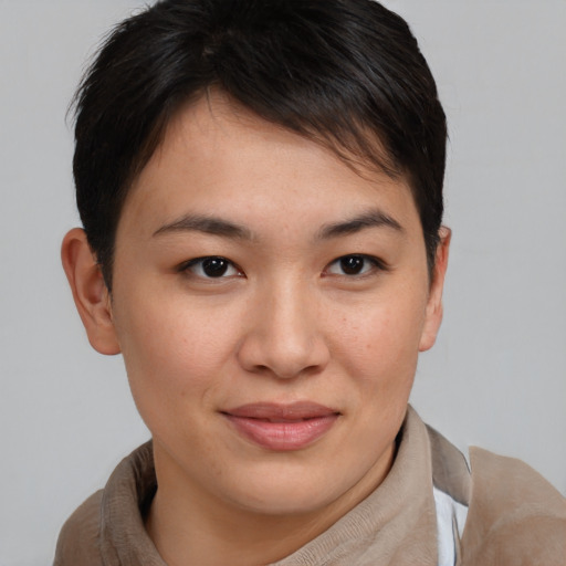 Joyful asian young-adult female with short  brown hair and brown eyes
