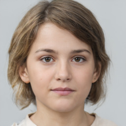 Neutral white young-adult female with medium  brown hair and grey eyes