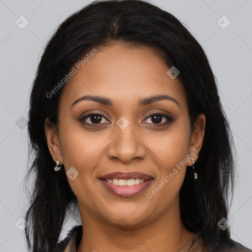 Joyful latino young-adult female with long  brown hair and brown eyes