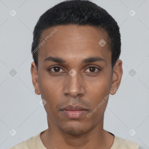 Neutral latino young-adult male with short  black hair and brown eyes