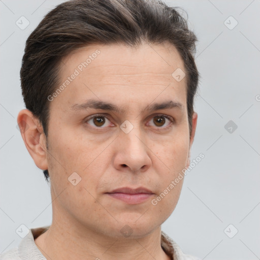 Neutral white adult male with short  brown hair and brown eyes