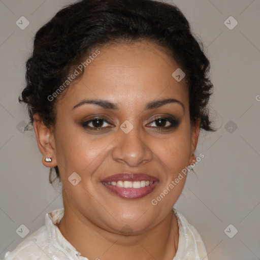 Joyful latino young-adult female with short  brown hair and brown eyes