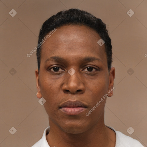Neutral black young-adult male with short  black hair and brown eyes