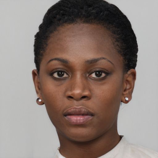 Neutral black young-adult female with short  brown hair and brown eyes