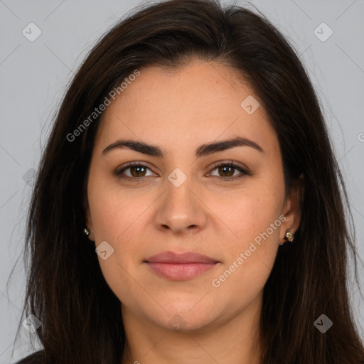 Joyful white young-adult female with long  brown hair and brown eyes