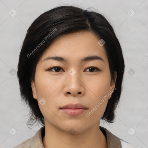 Neutral asian young-adult female with medium  black hair and brown eyes