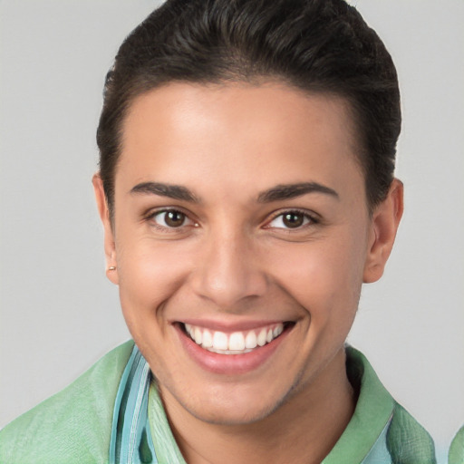 Joyful white young-adult female with short  brown hair and brown eyes