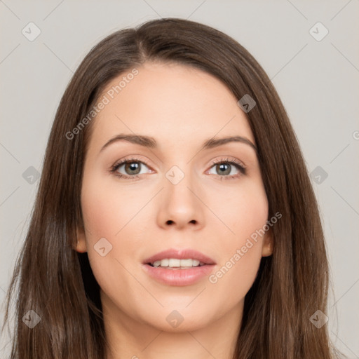 Neutral white young-adult female with long  brown hair and brown eyes