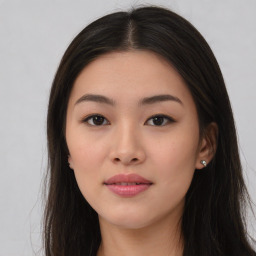 Neutral asian young-adult female with long  brown hair and brown eyes