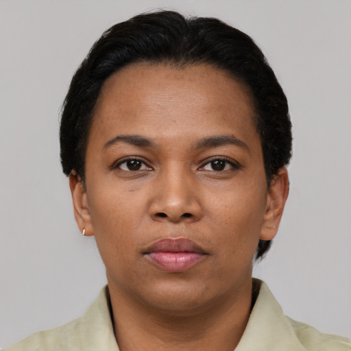 Neutral latino adult female with short  black hair and brown eyes