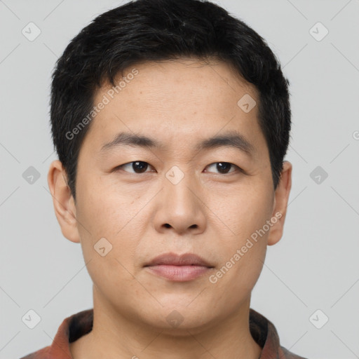 Neutral asian young-adult male with short  black hair and brown eyes