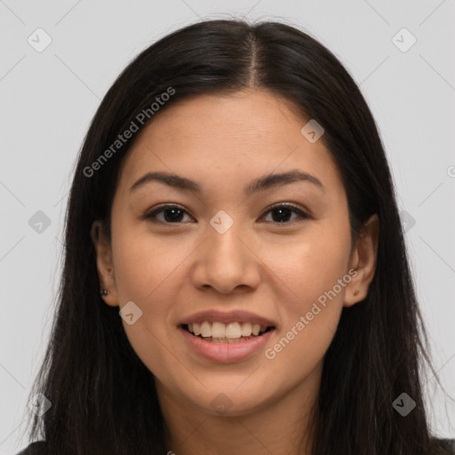 Joyful latino young-adult female with long  brown hair and brown eyes