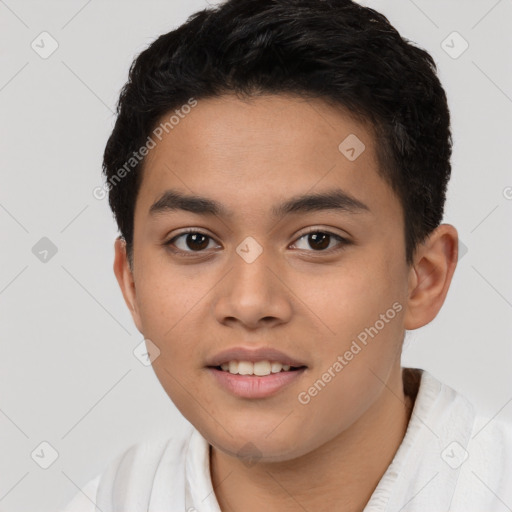 Joyful latino young-adult male with short  brown hair and brown eyes