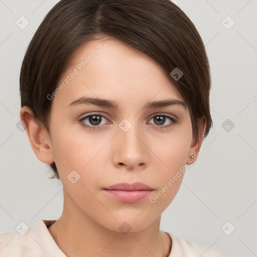 Neutral white young-adult female with short  brown hair and brown eyes