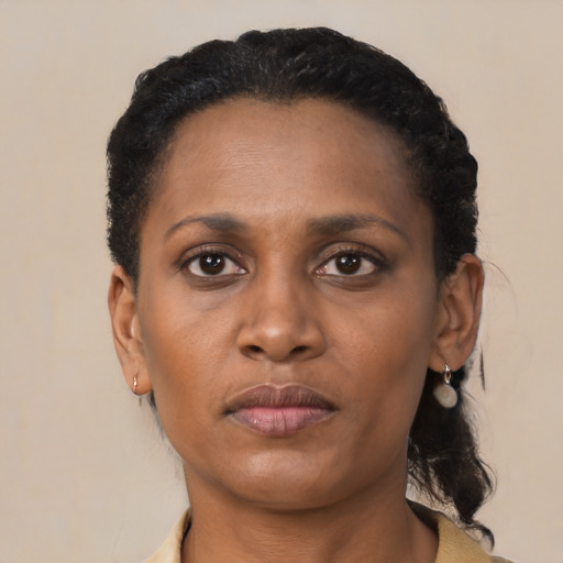 Neutral black adult female with short  black hair and brown eyes
