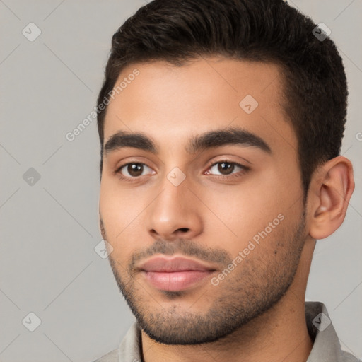 Neutral white young-adult male with short  brown hair and brown eyes