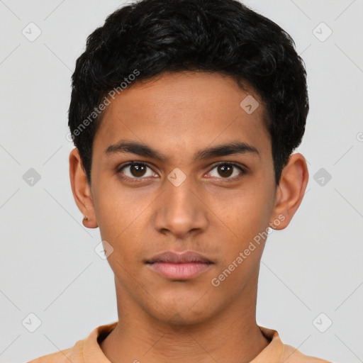 Neutral latino young-adult male with short  black hair and brown eyes