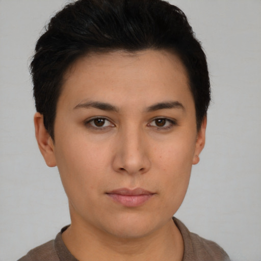 Neutral asian young-adult female with short  brown hair and brown eyes