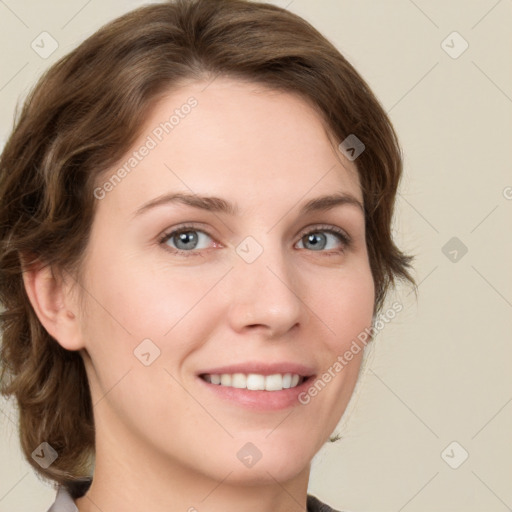 Joyful white young-adult female with medium  brown hair and green eyes