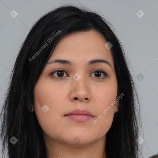 Neutral asian young-adult female with long  brown hair and brown eyes