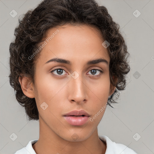 Neutral white young-adult female with short  brown hair and brown eyes