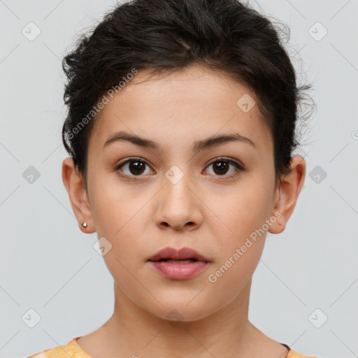 Neutral white young-adult female with short  brown hair and brown eyes