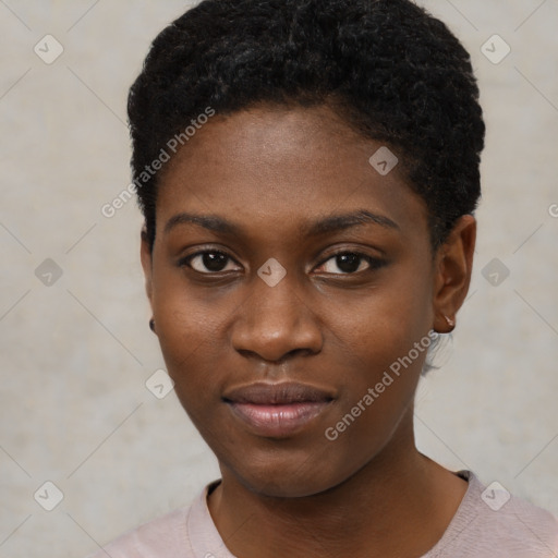 Joyful black young-adult female with short  black hair and brown eyes