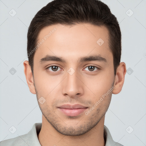 Neutral white young-adult male with short  brown hair and brown eyes