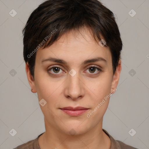 Neutral white young-adult female with short  brown hair and brown eyes