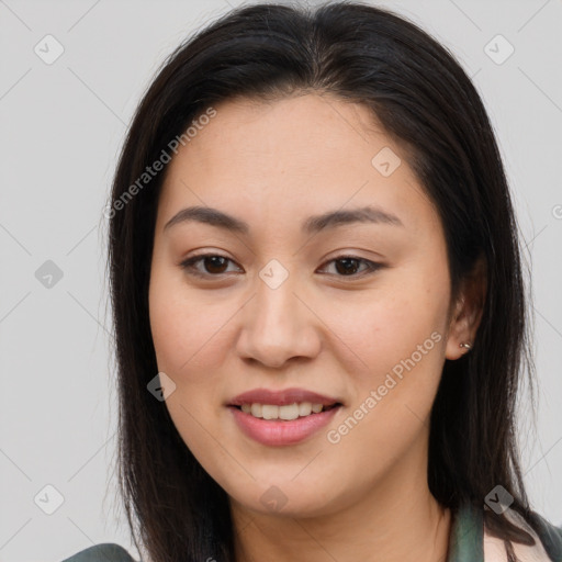 Joyful white young-adult female with long  brown hair and brown eyes