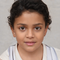 Joyful white child female with short  brown hair and brown eyes