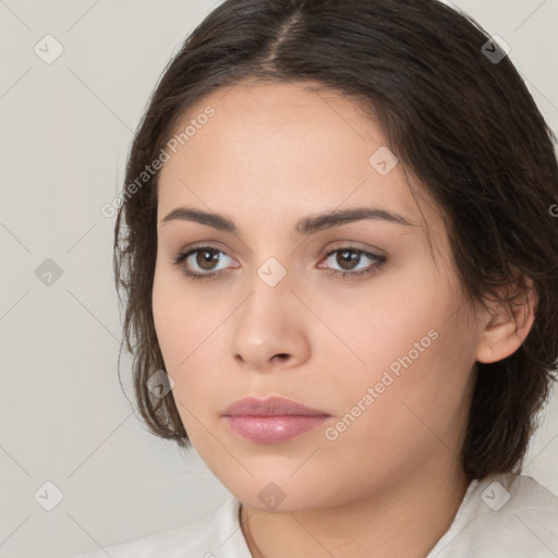 Neutral white young-adult female with medium  brown hair and brown eyes