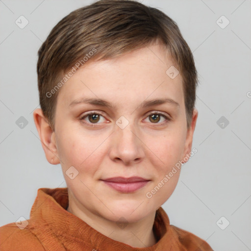 Joyful white young-adult female with short  brown hair and brown eyes