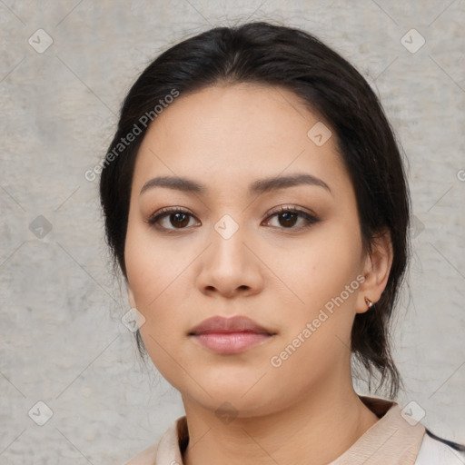 Neutral asian young-adult female with medium  black hair and brown eyes