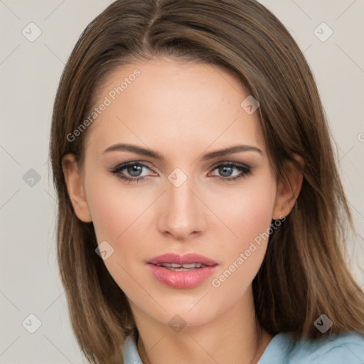 Neutral white young-adult female with medium  brown hair and brown eyes
