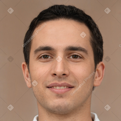 Joyful white young-adult male with short  brown hair and brown eyes