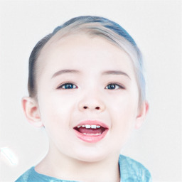 Joyful white child female with medium  brown hair and blue eyes