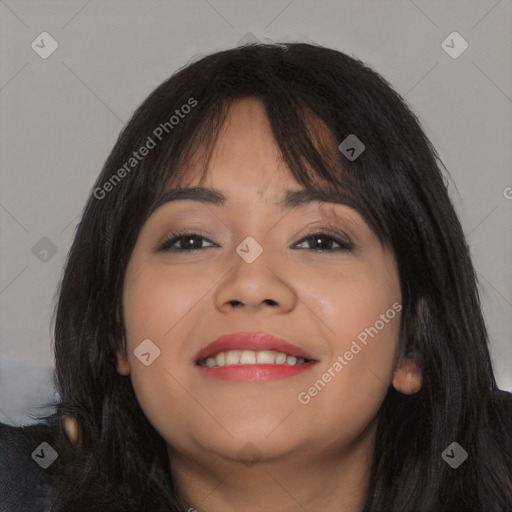 Joyful white young-adult female with long  black hair and brown eyes