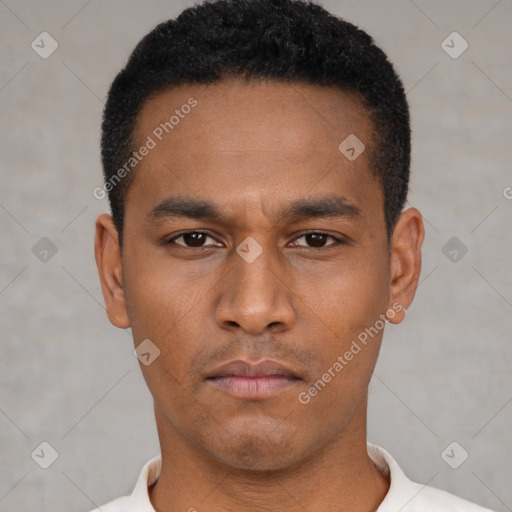 Neutral latino young-adult male with short  black hair and brown eyes