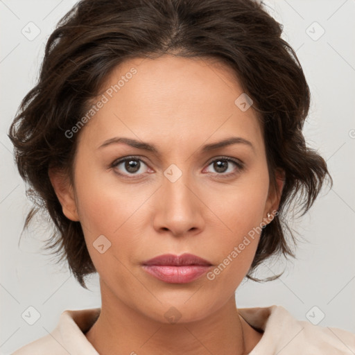 Neutral white young-adult female with medium  brown hair and brown eyes