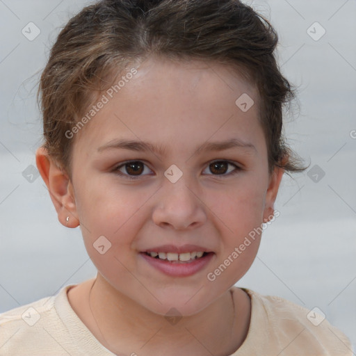 Joyful white child female with short  brown hair and brown eyes