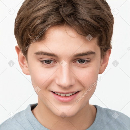 Joyful white child male with short  brown hair and brown eyes