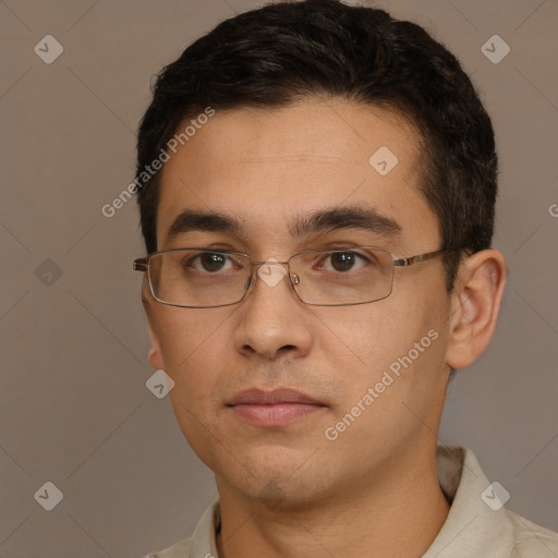 Neutral white young-adult male with short  brown hair and brown eyes