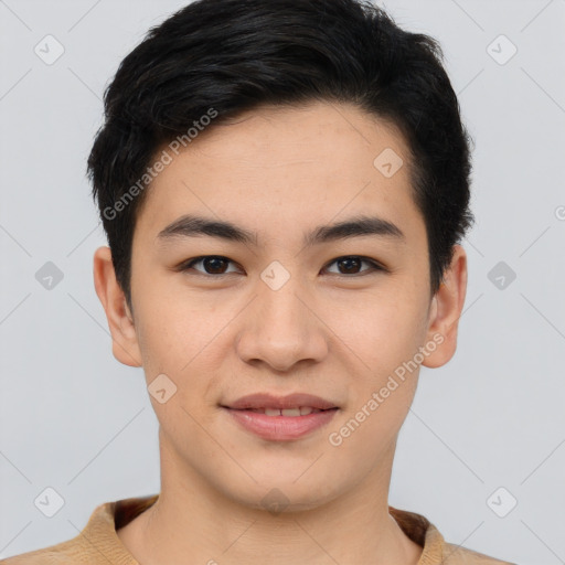 Joyful asian young-adult male with short  brown hair and brown eyes