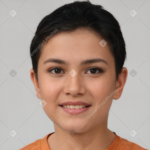 Joyful asian young-adult female with short  brown hair and brown eyes