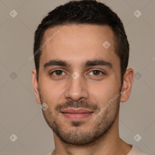 Joyful white young-adult male with short  brown hair and brown eyes