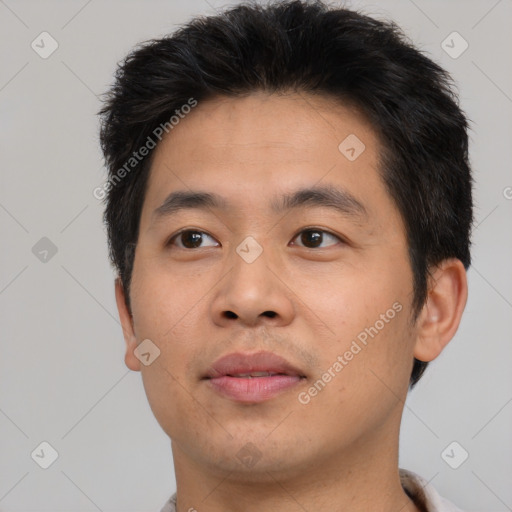 Neutral asian young-adult male with short  brown hair and brown eyes