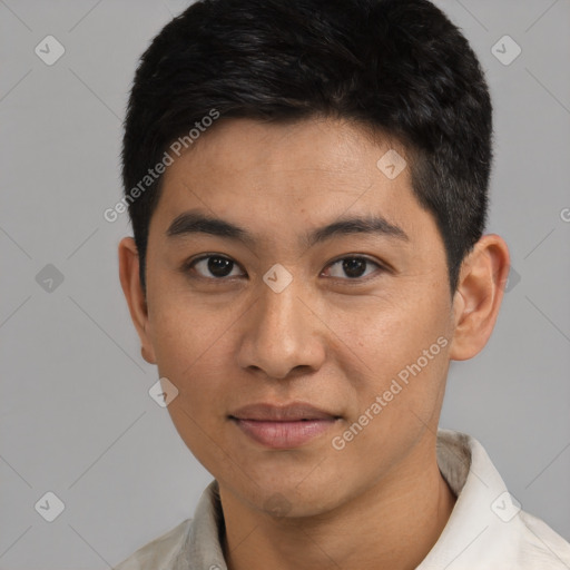 Neutral asian young-adult male with short  black hair and brown eyes