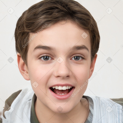 Joyful white child female with short  brown hair and brown eyes